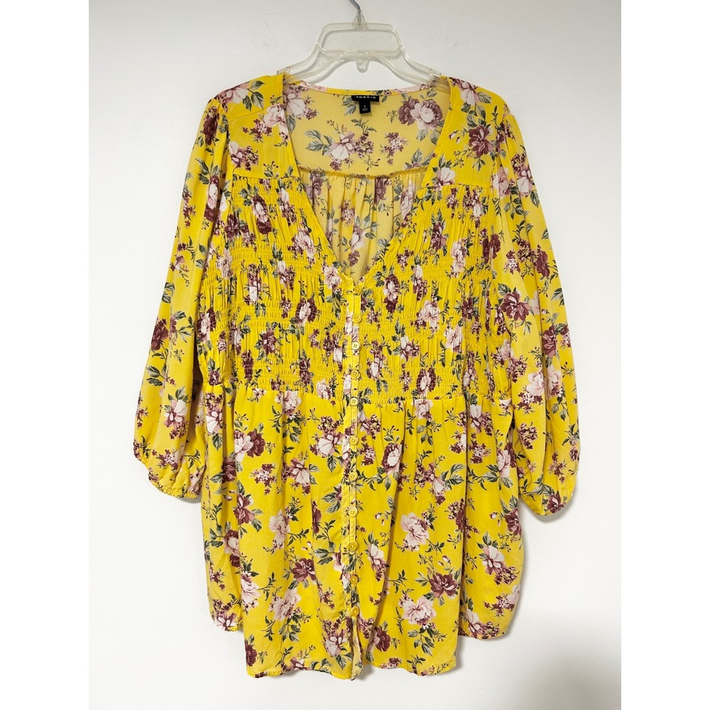 Torrid Yellow Floral Smocked Button Front V-Neck Blouse 3/4 Sleeve Size 2 2X